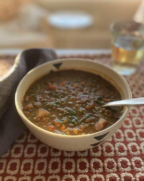 French Green Lentil Soup with Bacon, Pancetta, and Spinach